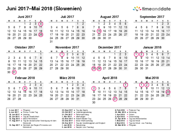 Kalender für 2017 in Slowenien