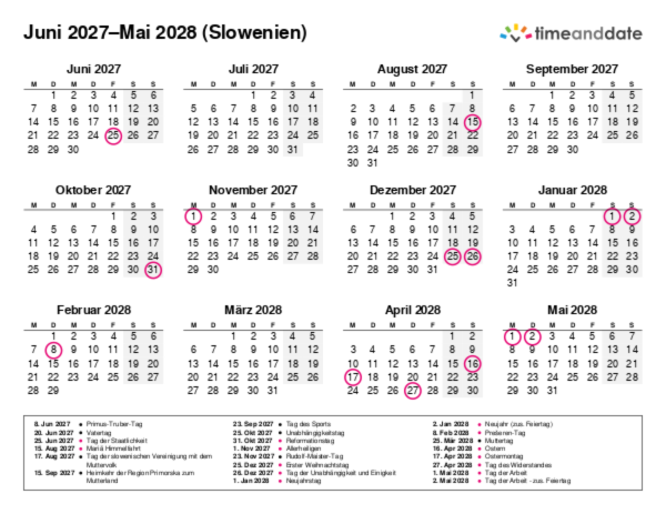 Kalender für 2027 in Slowenien