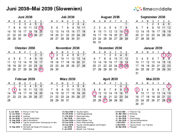Kalender für 2038 in Slowenien
