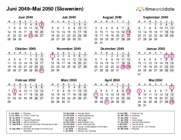 Kalender für 2049 in Slowenien