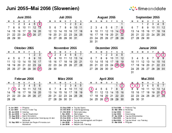 Kalender für 2055 in Slowenien