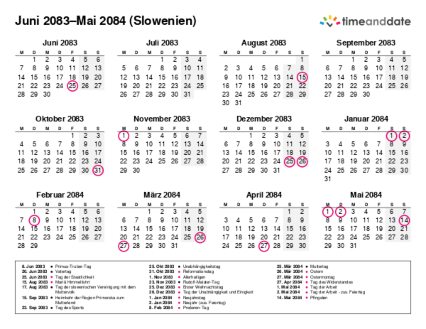 Kalender für 2083 in Slowenien