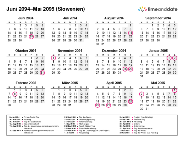Kalender für 2094 in Slowenien