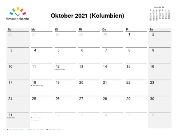 Kalender für 2021 in Kolumbien