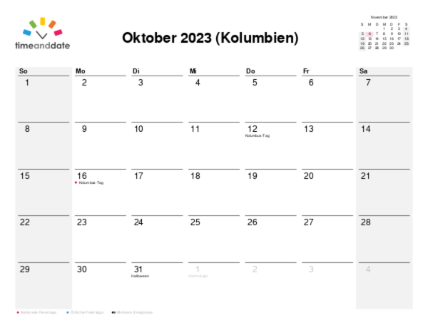 Kalender für 2023 in Kolumbien