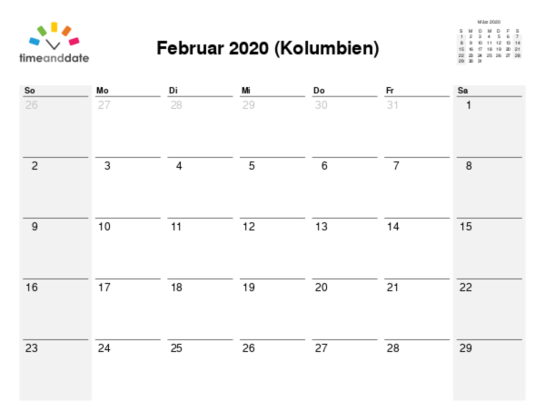 Kalender für 2020 in Kolumbien