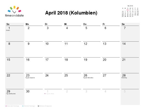 Kalender für 2018 in Kolumbien