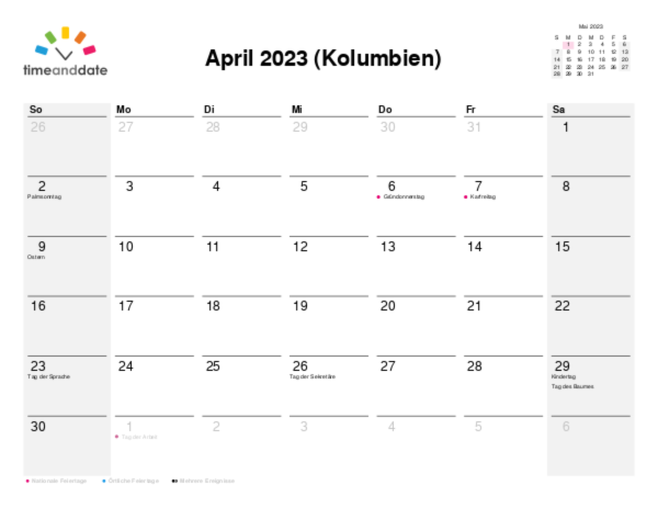 Kalender für 2023 in Kolumbien