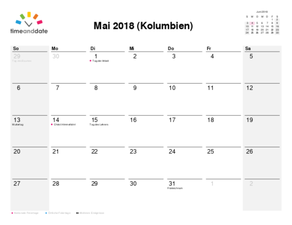 Kalender für 2018 in Kolumbien