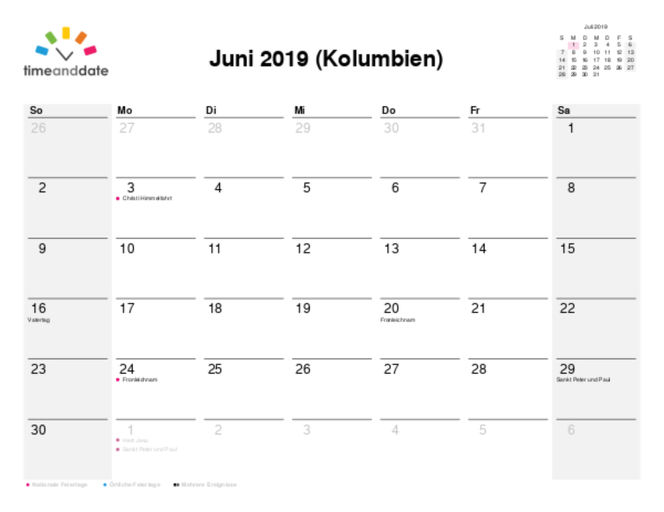 Kalender für 2019 in Kolumbien