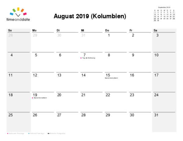 Kalender für 2019 in Kolumbien