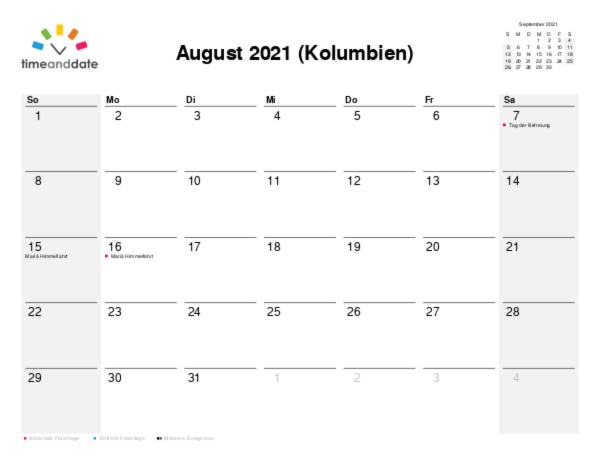 Kalender für 2021 in Kolumbien