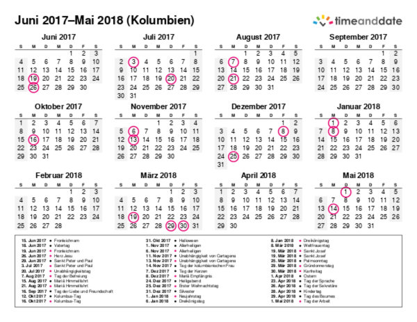 Kalender für 2017 in Kolumbien