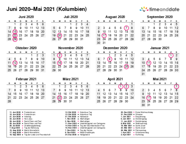 Kalender für 2020 in Kolumbien