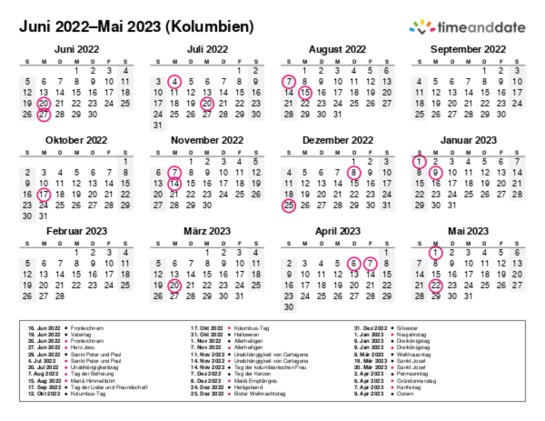 Kalender für 2022 in Kolumbien