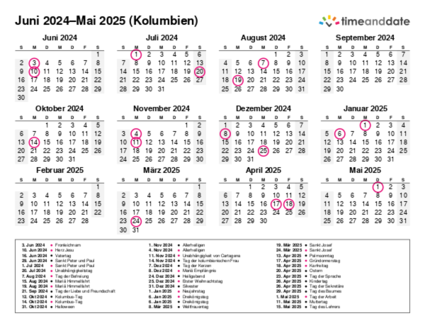 Kalender für 2024 in Kolumbien