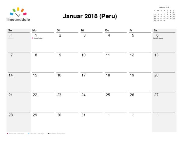 Kalender für 2018 in Peru