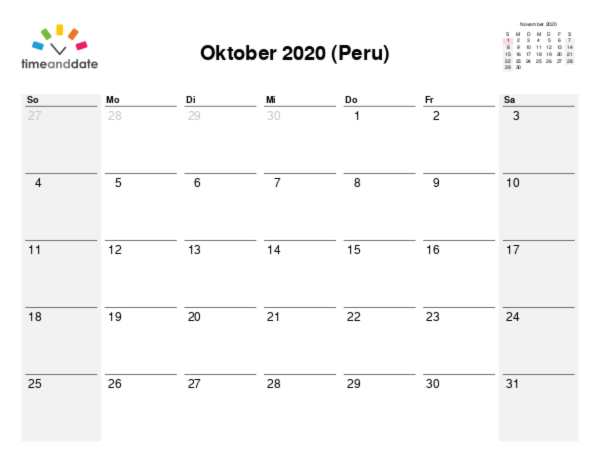 Kalender für 2020 in Peru