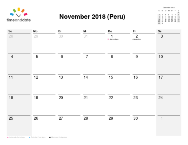 Kalender für 2018 in Peru