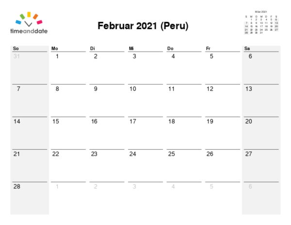 Kalender für 2021 in Peru