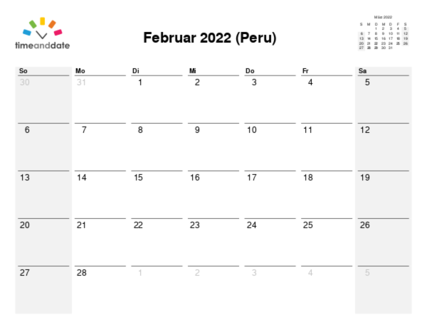 Kalender für 2022 in Peru