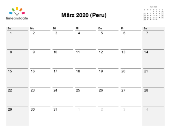 Kalender für 2020 in Peru
