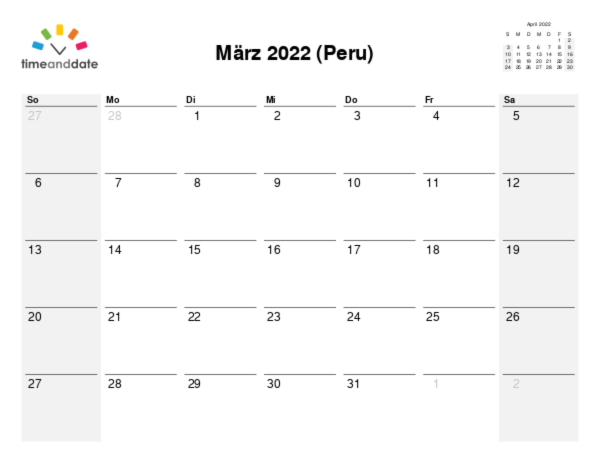 Kalender für 2022 in Peru