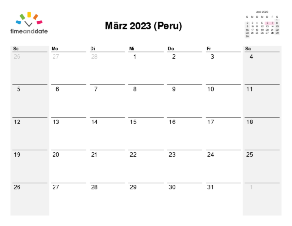 Kalender für 2023 in Peru