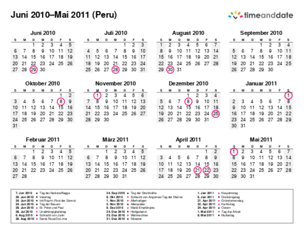 Kalender für 2010 in Peru
