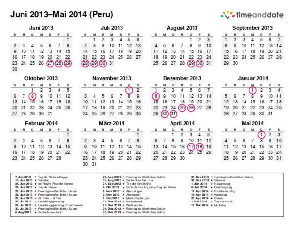 Kalender für 2013 in Peru
