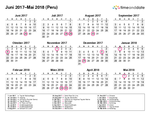 Kalender für 2017 in Peru
