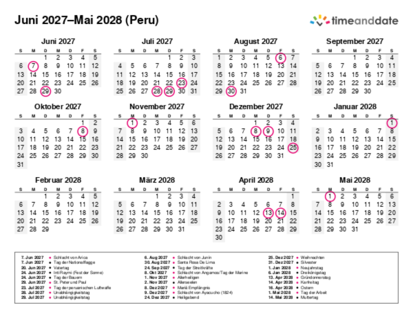 Kalender für 2027 in Peru