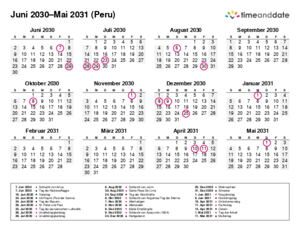Kalender für 2030 in Peru