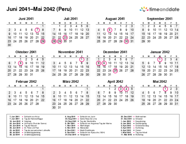 Kalender für 2041 in Peru