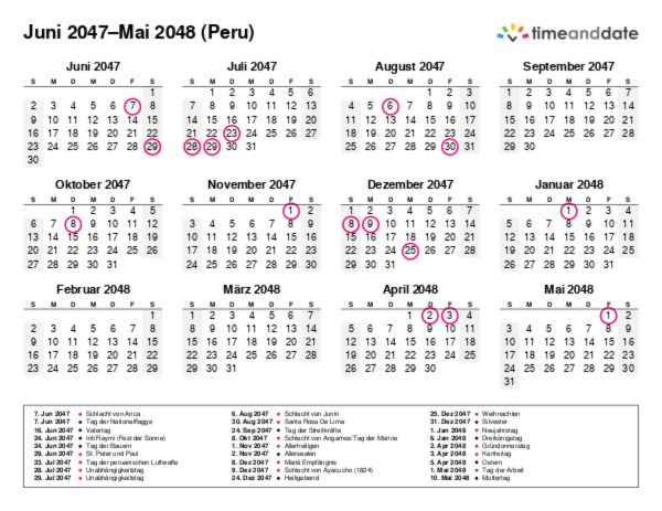Kalender für 2047 in Peru