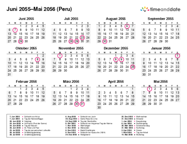 Kalender für 2055 in Peru