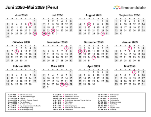 Kalender für 2058 in Peru
