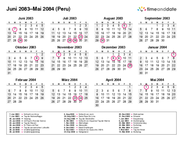 Kalender für 2083 in Peru