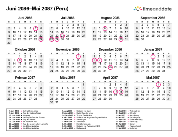 Kalender für 2086 in Peru
