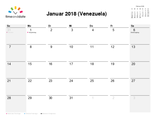 Kalender für 2018 in Venezuela