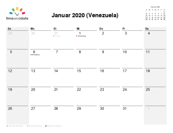 Kalender für 2020 in Venezuela
