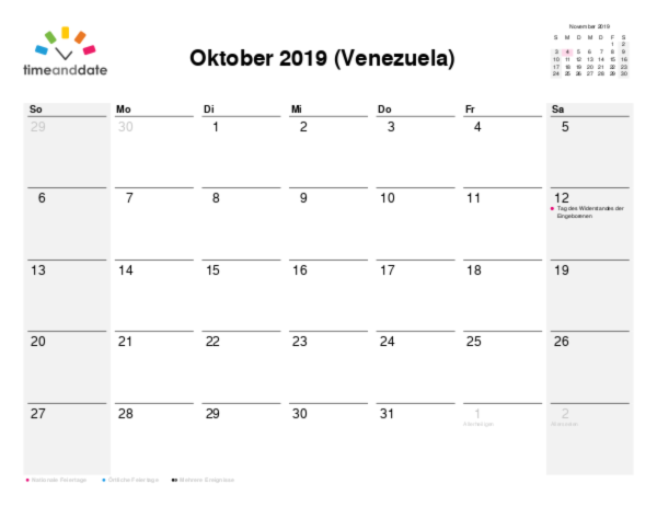 Kalender für 2019 in Venezuela