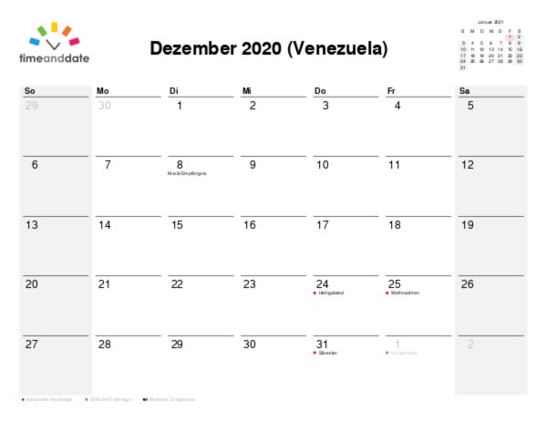 Kalender für 2020 in Venezuela