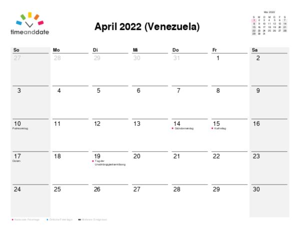 Kalender für 2022 in Venezuela