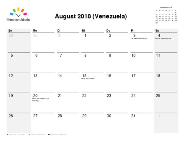Kalender für 2018 in Venezuela