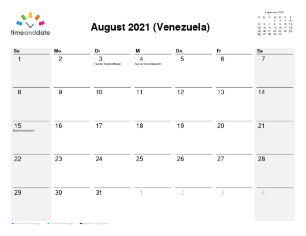 Kalender für 2021 in Venezuela