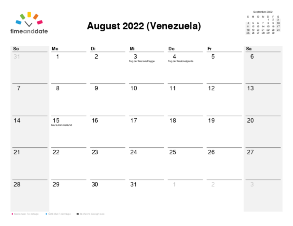 Kalender für 2022 in Venezuela
