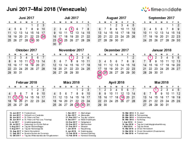 Kalender für 2017 in Venezuela