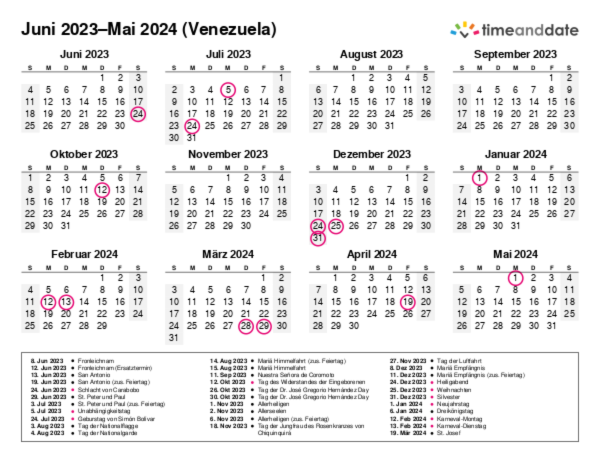 Kalender für 2023 in Venezuela