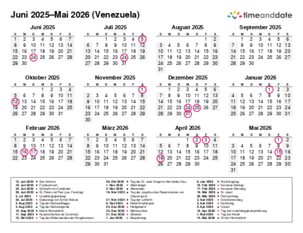 Kalender für 2025 in Venezuela